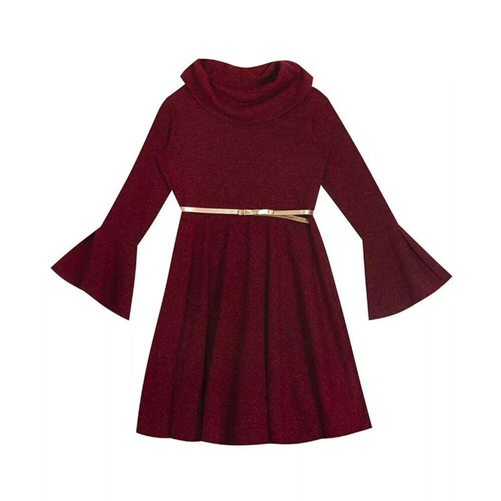 Rare Editions Girls Cowl Neck Skater Holiday Dress Gold Belt Size‎ 7 Burgundy